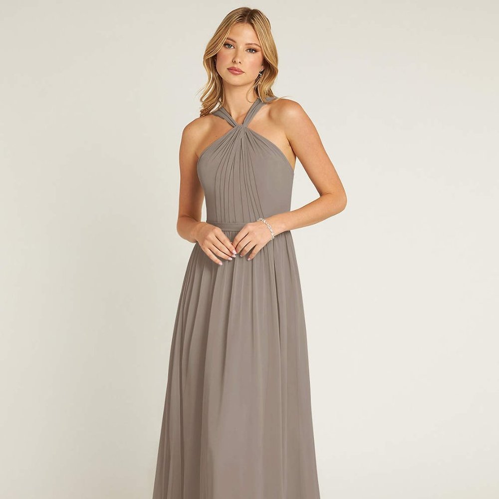 Azazie Jacey taupe floor length dress NWT